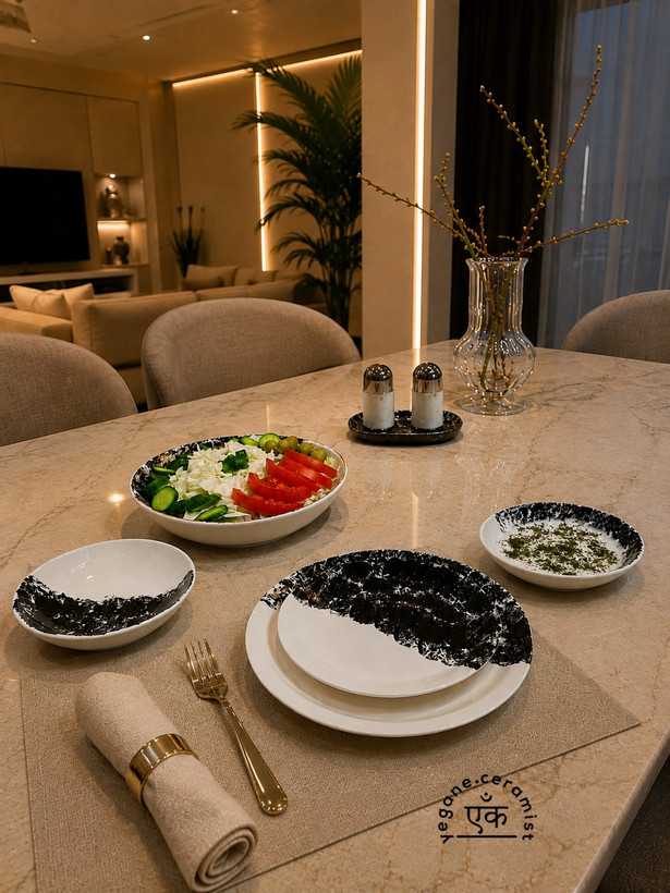 سرویس غذاخوری سرامیکی دستساز طرح دایره مشکی